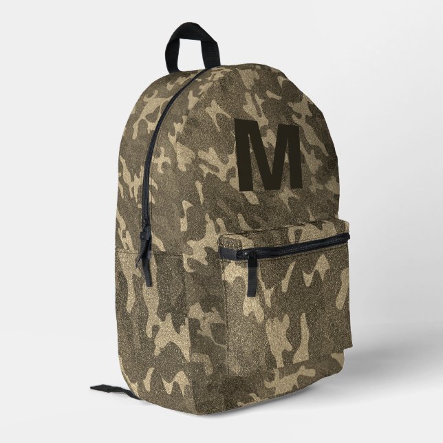 Gold Camouflage Glitter Outdoorsy Brown Monogram Printed Backpack (Back Corner Left)