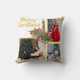 Gold Candle Christmas Decor Family Photo Collage Cushion