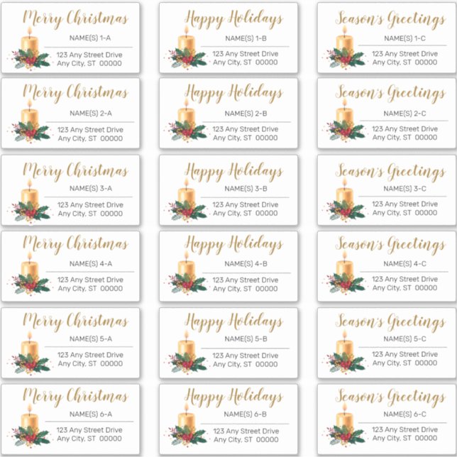 Gold Candle Flora Christmas Holiday Address Labels (Front)
