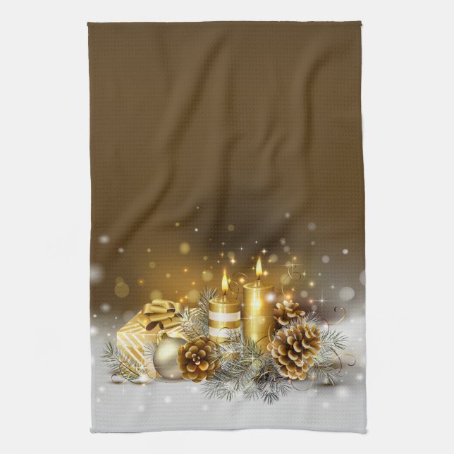 Gold Candles Christmas Elegant Holiday Home Decor Tea Towel (Vertical)