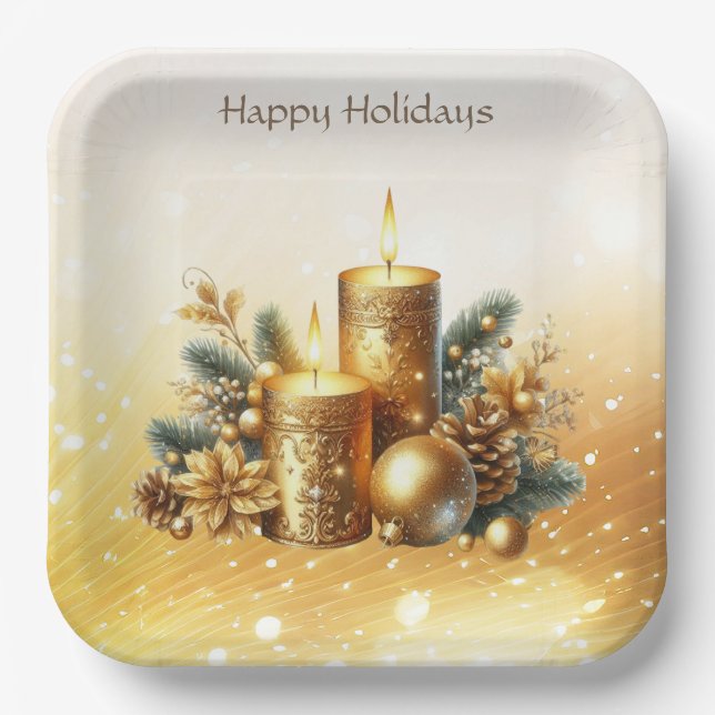 Gold Candles Christmas Holiday Paper Plate (Front)