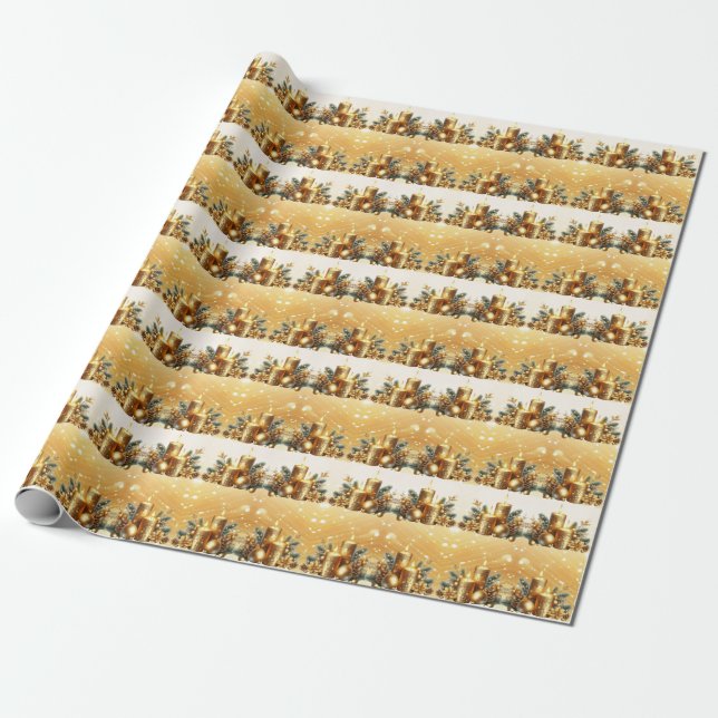 Gold Candles Christmas Holiday Wrapping Paper (Unrolled)