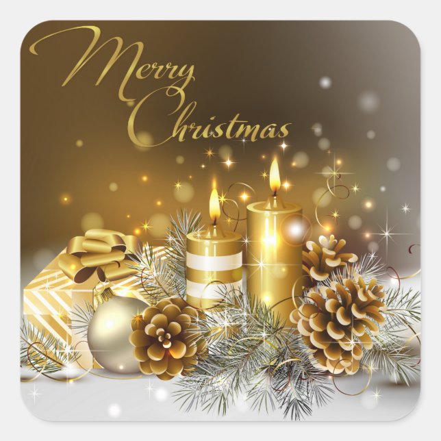 Gold Candles Merry Christmas Holiday Square Sticker (Front)