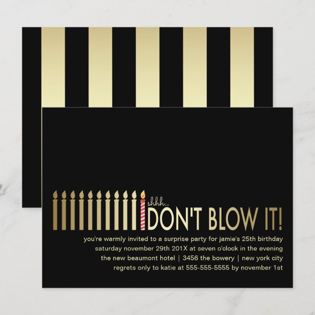 Gold Candles Surprise Birthday Party Invitation (Front/Back)