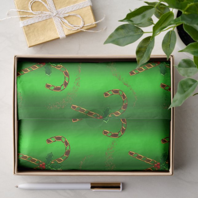 Gold Candy Canes and Holly on Green Christmas Tissue Paper (Gift)