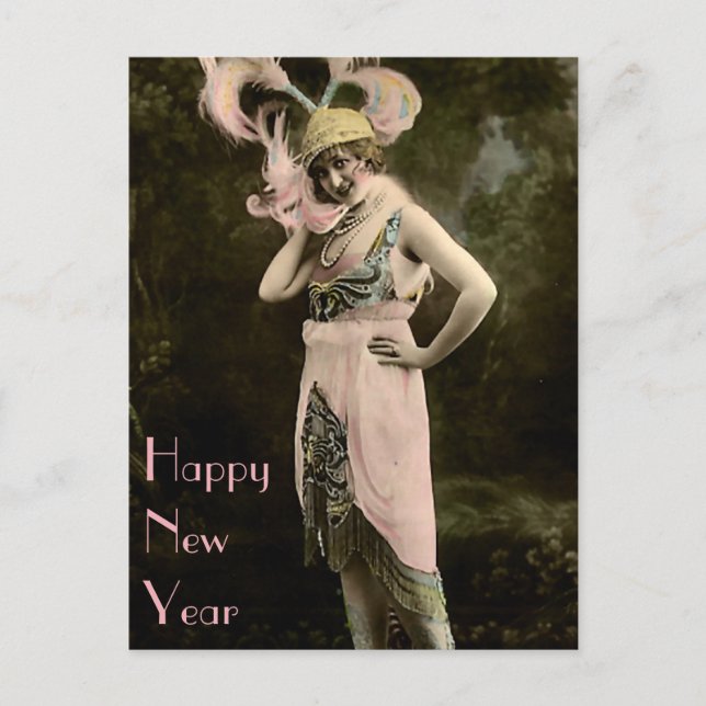 Gold Cap and Big Pink Feathers New Year Holiday Postcard (Front)