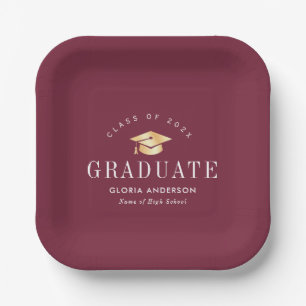 gold cap Maroon Graduation Paper Plate