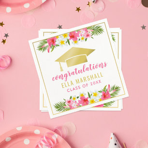 Gold Cap Tropical Floral Graduation Party Napkin