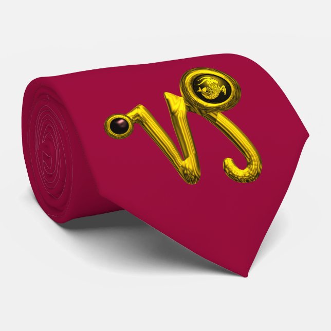 GOLD CAPRICORN ZODIAC JEWEL Red Burgundy Tie (Rolled)