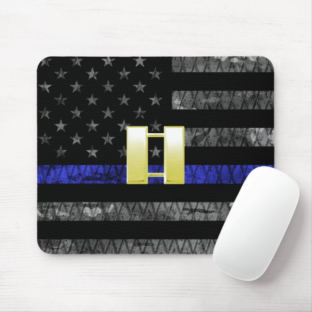 (Gold) Captain Thin Blue Line Distressed Flag Mouse Mat (With Mouse)