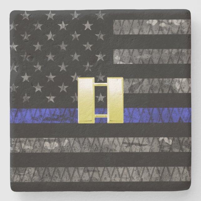 (Gold) Captain Thin Blue Line Distressed Flag Stone Coaster (Front)