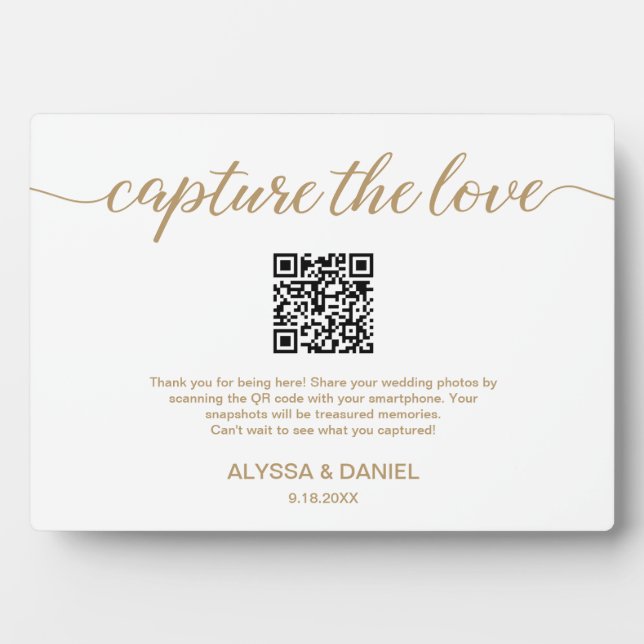 Gold Capture the love QR code wedding photo share Plaque (Front)