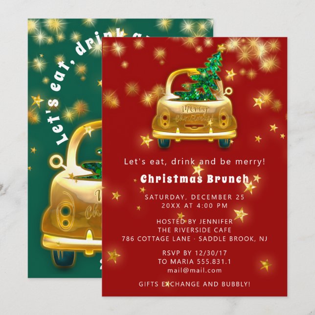 Gold Car Merry Christmas Brunch Dinner Red Green Invitation (Front/Back)