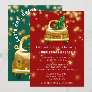 Gold Car Merry Christmas Brunch Dinner Red Green Invitation