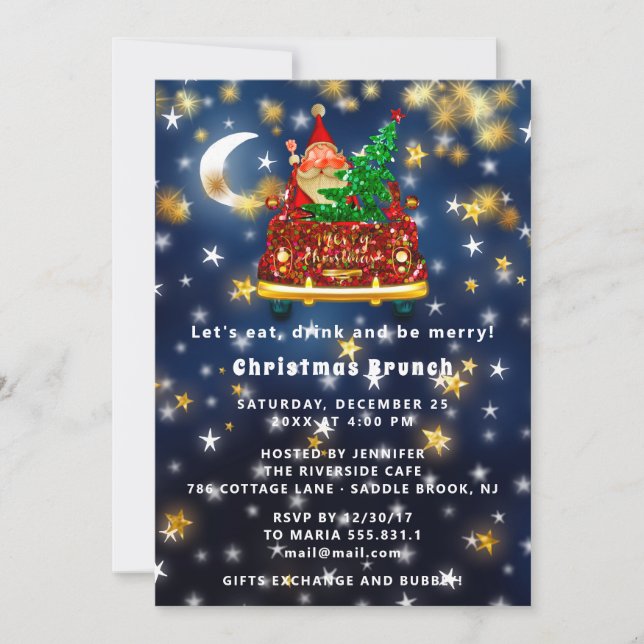 Gold Car Merry Christmas Brunch Dinner Santa Navy Invitation (Front)