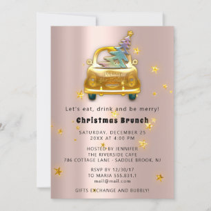 Gold Car Merry Christmas Brunch Dinner Tree Rose Invitation