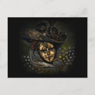 Gold carnival mask with blue hat and feathers postcard