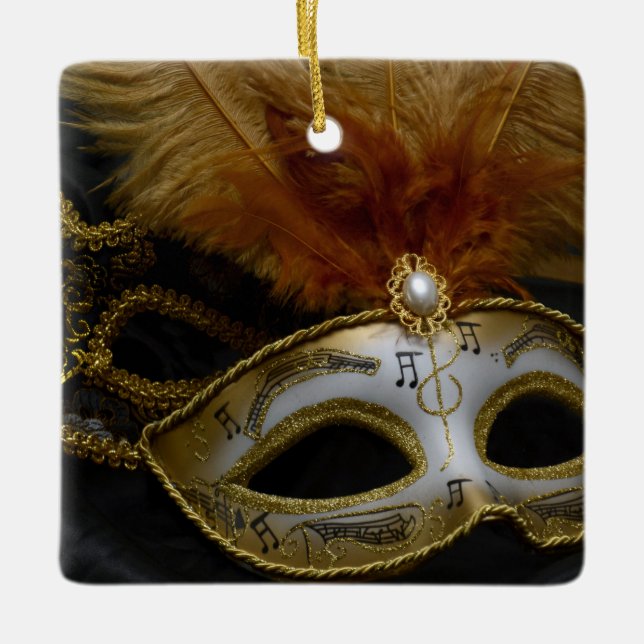 Gold Carnival Venetian Mask Masquerade Ceramic Tree Decoration (Front)