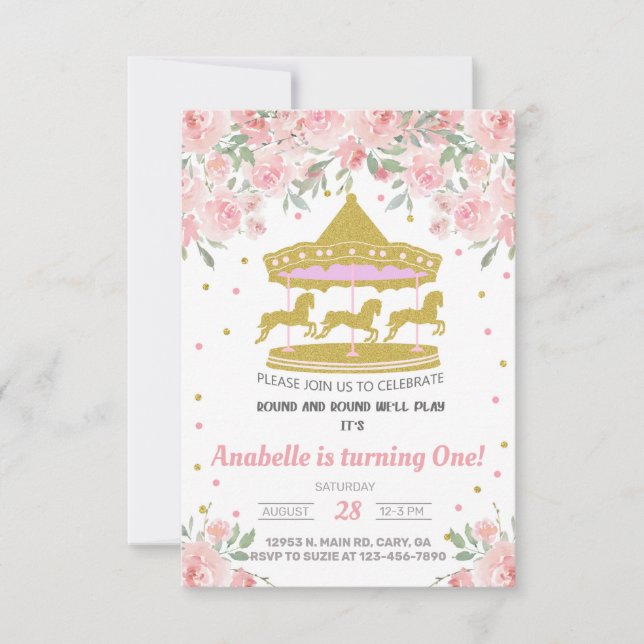 Gold carousel girl first 1st birthday invitation. invitation (Front)