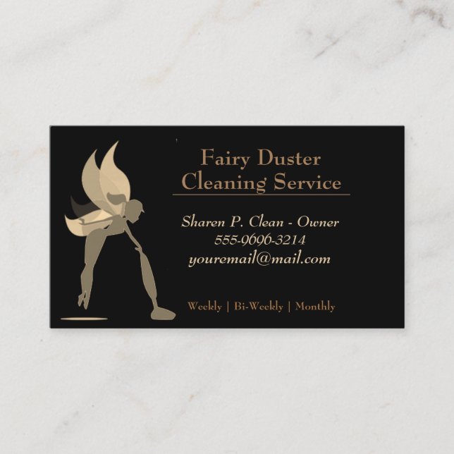 Gold Cartoon Fairy Girl House Cleaning Service Business Card (Front)