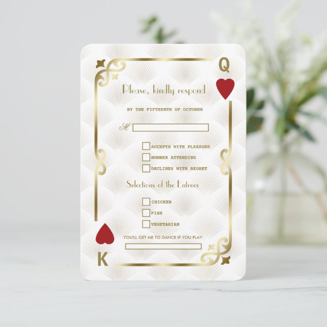 Gold Casino Las Vegas Gatsby Song Request Wedding RSVP Card (Standing Front)