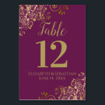 Gold & Cassis Purple Elegant Frilly Wedding Table Number<br><div class="desc">These beautiful wedding table number cards feature a simple yet elegant design with gold script calligraphy on a magenta or cassis purple background with a frilly gold faux foil floral filigree in the corners. Perfect way to make your wedding reception beautiful and help your guests find the right table at...</div>