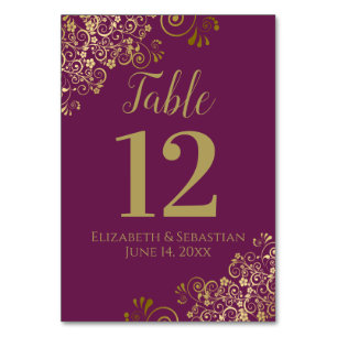 Gold & Cassis Purple Elegant Frilly Wedding Table Number