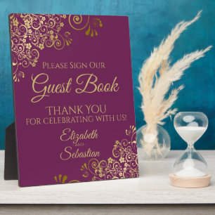 Gold & Cassis Purple Sign Our Guest Book Wedding Plaque