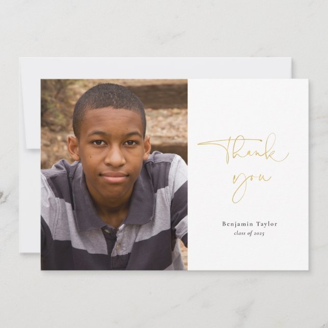 Gold Casual Script Photo Graduation Thank You (Front)