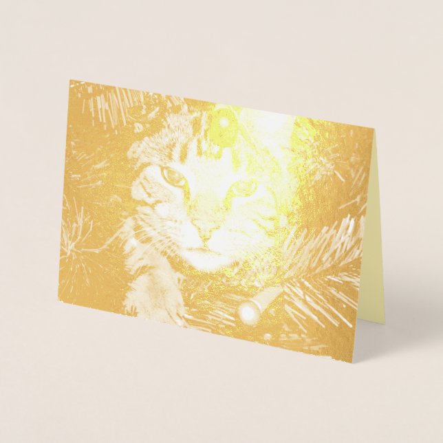Gold Cat in Tree Fun Purr-fect Perfect Christmas Foil Card (Front)