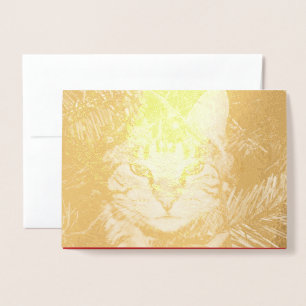 Gold Cat in Tree Fun Purr-fect Perfect Christmas  Foil Card