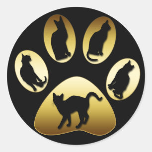 GOLD CAT PAW WITH CATS CLASSIC ROUND STICKER