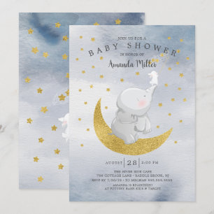 Gold Catch A Star Bunny Elephant Baby Boy Shower Invitation