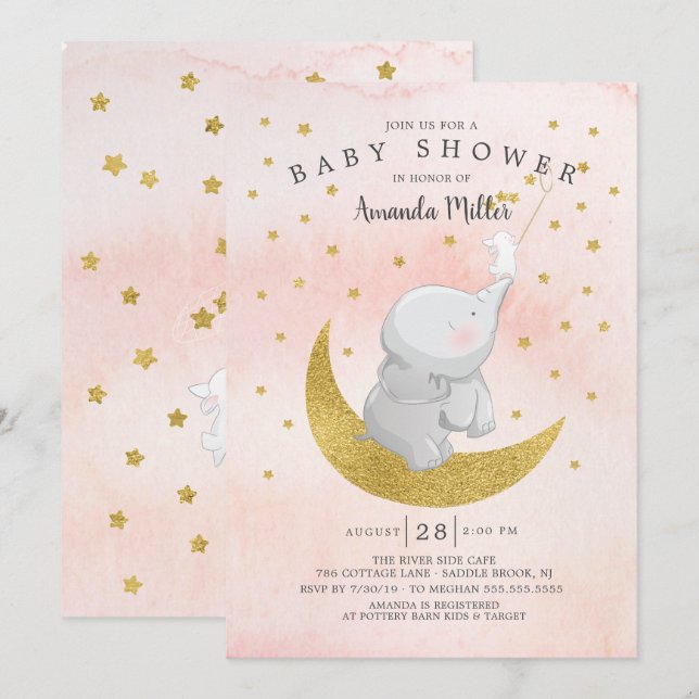 Gold Catch A Star Bunny Elephant Baby Girl Shower Invitation (Front/Back)