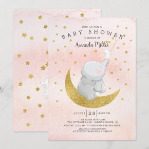 Gold Catch A Star Bunny Elephant Baby Girl Shower Invitation