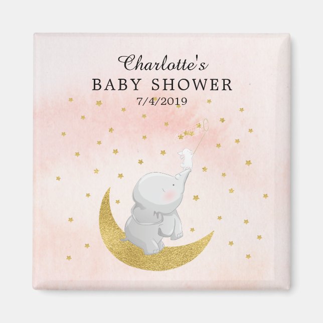 Gold Catch A Star Bunny Elephant Girls Baby Shower Magnet (Front)