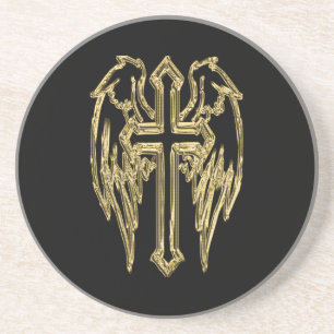 Gold catholic cross with wings coaster