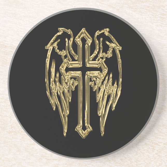Gold catholic cross with wings coaster (Front)