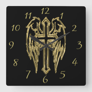 Gold catholic cross with wings square wall clock