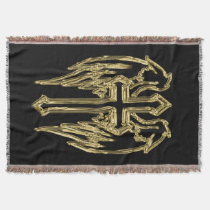 Gold catholic cross with wings throw blanket