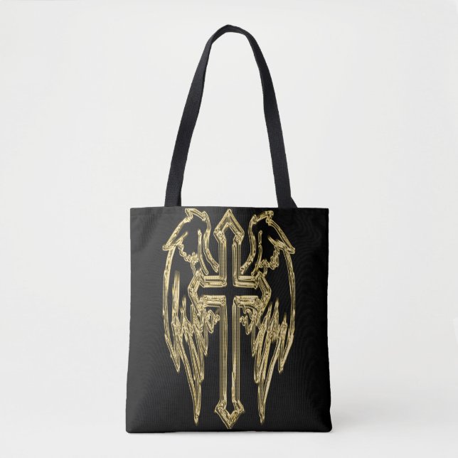 Gold catholic cross with wings tote bag (Front)