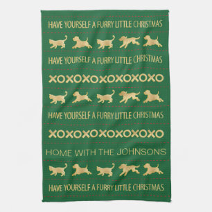 GOLD CATS DOGS FURRY CHRISTMAS TEA TOWEL