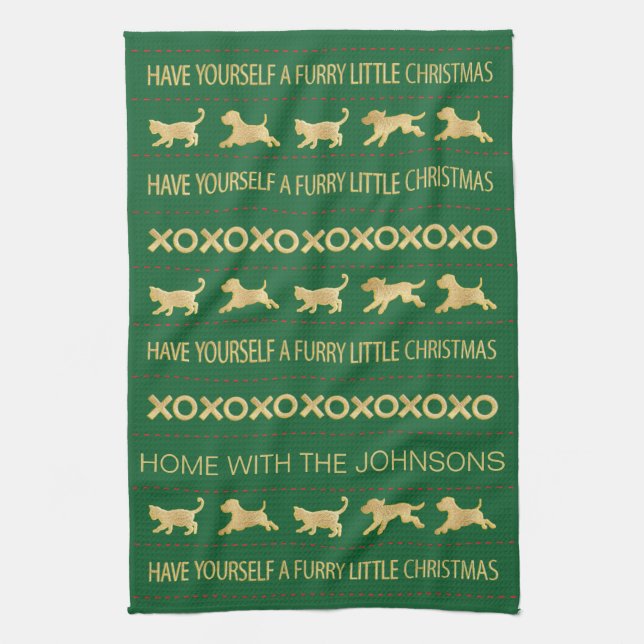 GOLD CATS DOGS FURRY CHRISTMAS TEA TOWEL (Vertical)