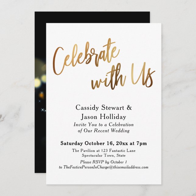 Gold Celebrate with Us Bokeh Black Back Reception Invitation (Front/Back)