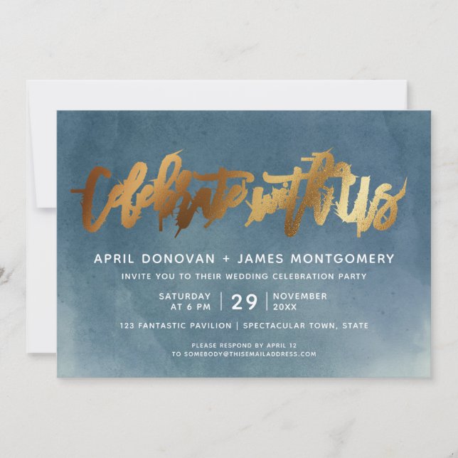 Gold Celebrate with Us Brush Typography Wedding Invitation (Front)