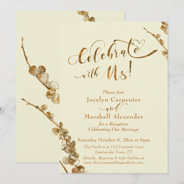 Gold "Celebrate with Us" w/ Botanicals, Ivory Invitation (Front/Back)