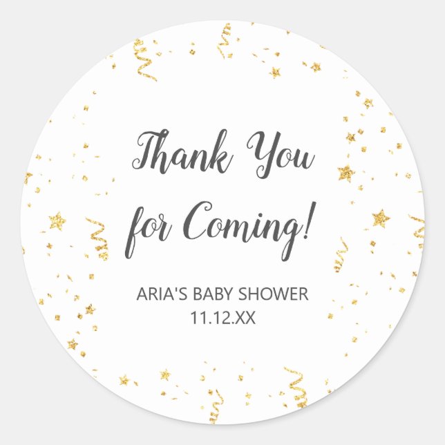 Gold Celebration Baby Shower Favour Classic Round Sticker (Front)