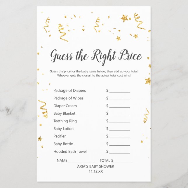 Gold Celebration Baby Shower Guess The Right Price Flyer (Front)