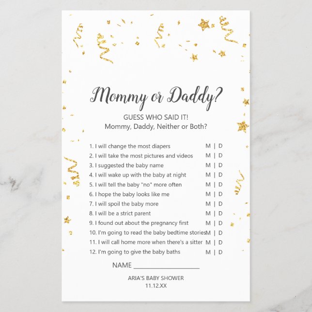 Gold Celebration Baby Shower Mommy or Daddy Game Flyer (Front)
