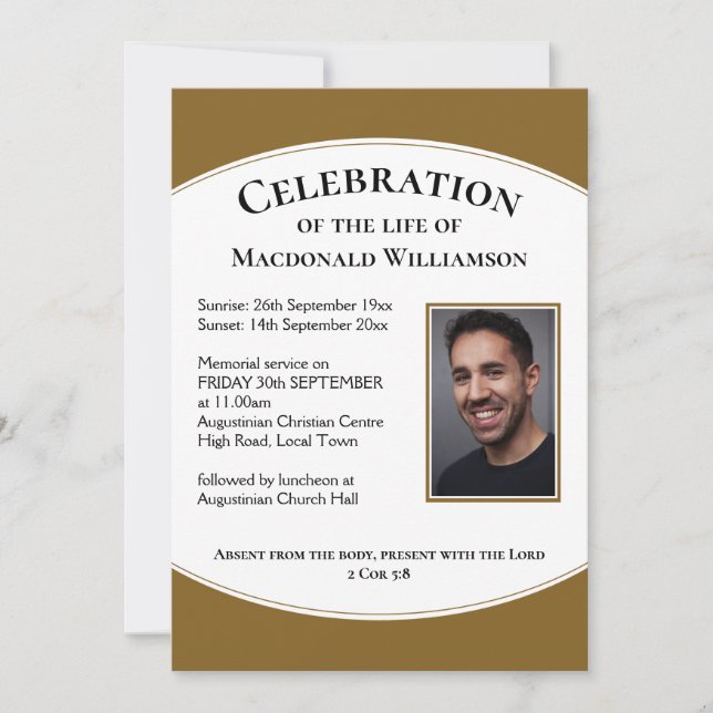 Gold CELEBRATION OF LIFE Photo Memorial Funeral Invitation (Front)